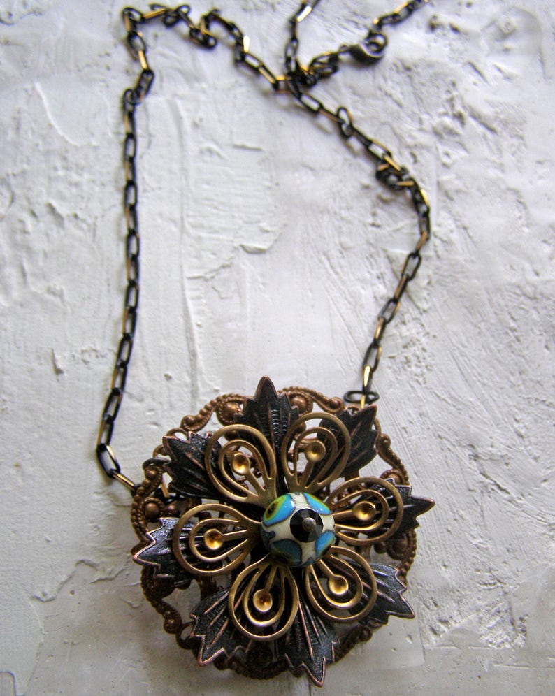 Rustic Layered Flower Necklace, Brass Flower Petals, Artisan Lampwork Glass Peacock Feather Bead, Unique Jewelry image 3