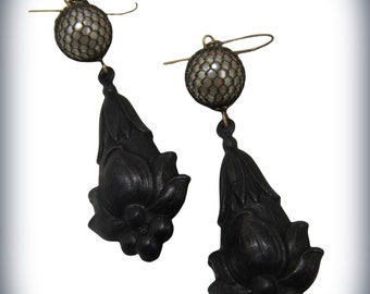 Gothic Faux Pearl Mesh Long Dangle Earrings ebony Black Floral Fob Victorian Style Drops