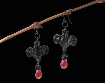 Black  Bat Wing Earrings Gothic Dangle Drops Faceted Red Teardrop Unique Vintage Style
