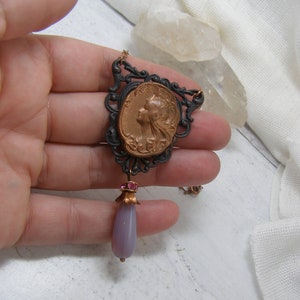 Art Nouveau Mucha Goddess Vintage Copper Pendant Necklace Black Filigree with Pink Glass Teardrop Unique Handmade Jewelry image 4