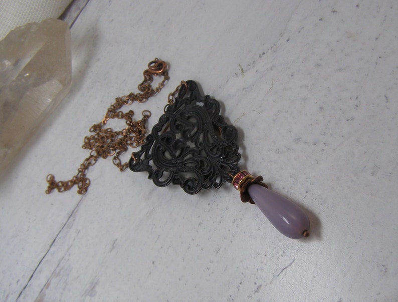 Art Nouveau Mucha Goddess Vintage Copper Pendant Necklace Black Filigree with Pink Glass Teardrop Unique Handmade Jewelry image 5