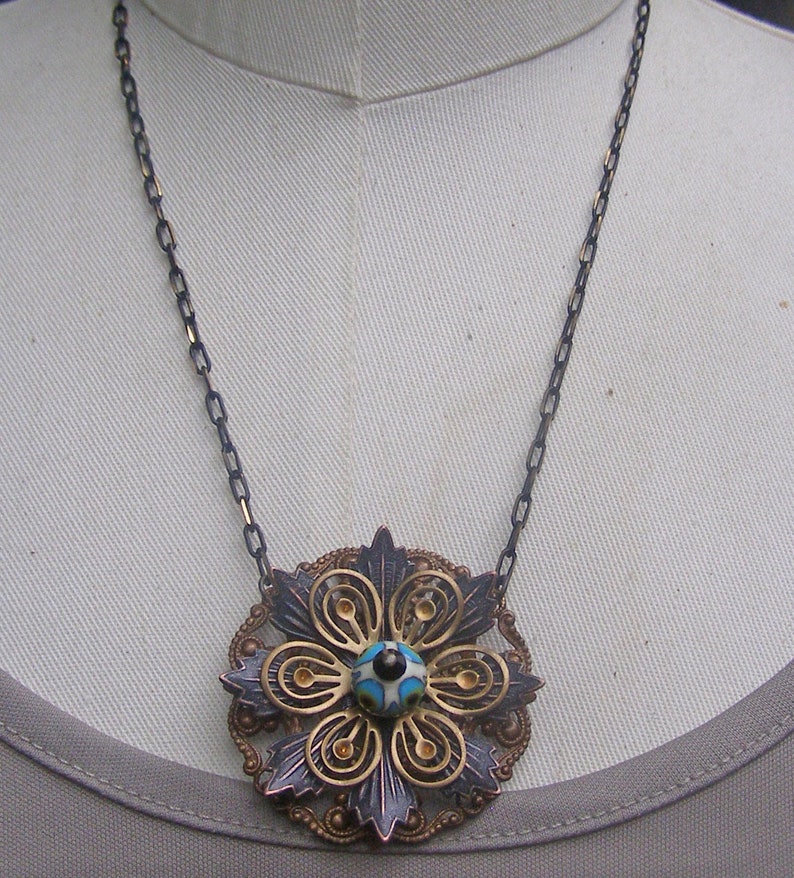 Rustic Layered Flower Necklace, Brass Flower Petals, Artisan Lampwork Glass Peacock Feather Bead, Unique Jewelry image 1