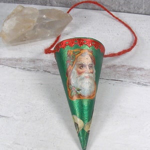 Victorian Style Dresden Candy Container Ornament Vintage Inspired Handmade Christmas Ornament Old World Santa Cone image 4