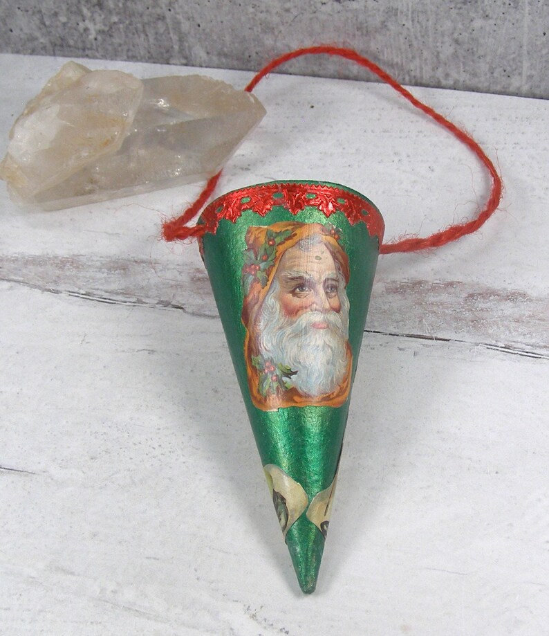 Victorian Style Dresden Candy Container Ornament Vintage Inspired Handmade Christmas Ornament Old World Santa Cone image 4