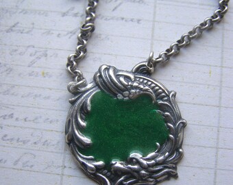 Dragon Necklace, Sea Dragon Necklace, Fantasy Jewelry, Emerald Green Enamel, Silver Dragon Pendant, Gargoyle Necklace