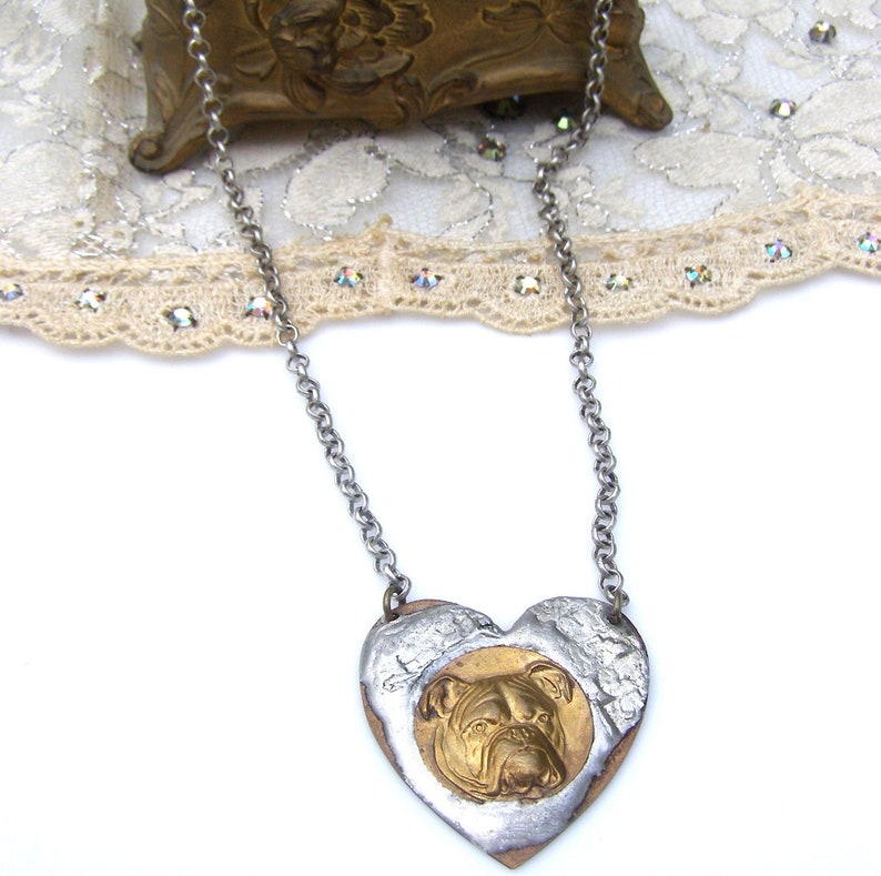 Bulldog Necklace, Rustic Stamped Solder Necklace, Metalwork Heart Vintage Brass Animal Jewelry Bull Dog immagine 1