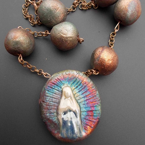 Virgin of Guadalupe Necklace Mary Raku Pottery Religous Symbol Rustic Jewelry