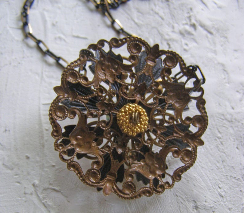 Rustic Layered Flower Necklace, Brass Flower Petals, Artisan Lampwork Glass Peacock Feather Bead, Unique Jewelry image 5