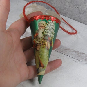 Victorian Style Dresden Candy Container Ornament Vintage Inspired Handmade Christmas Ornament Old World Santa Cone image 3