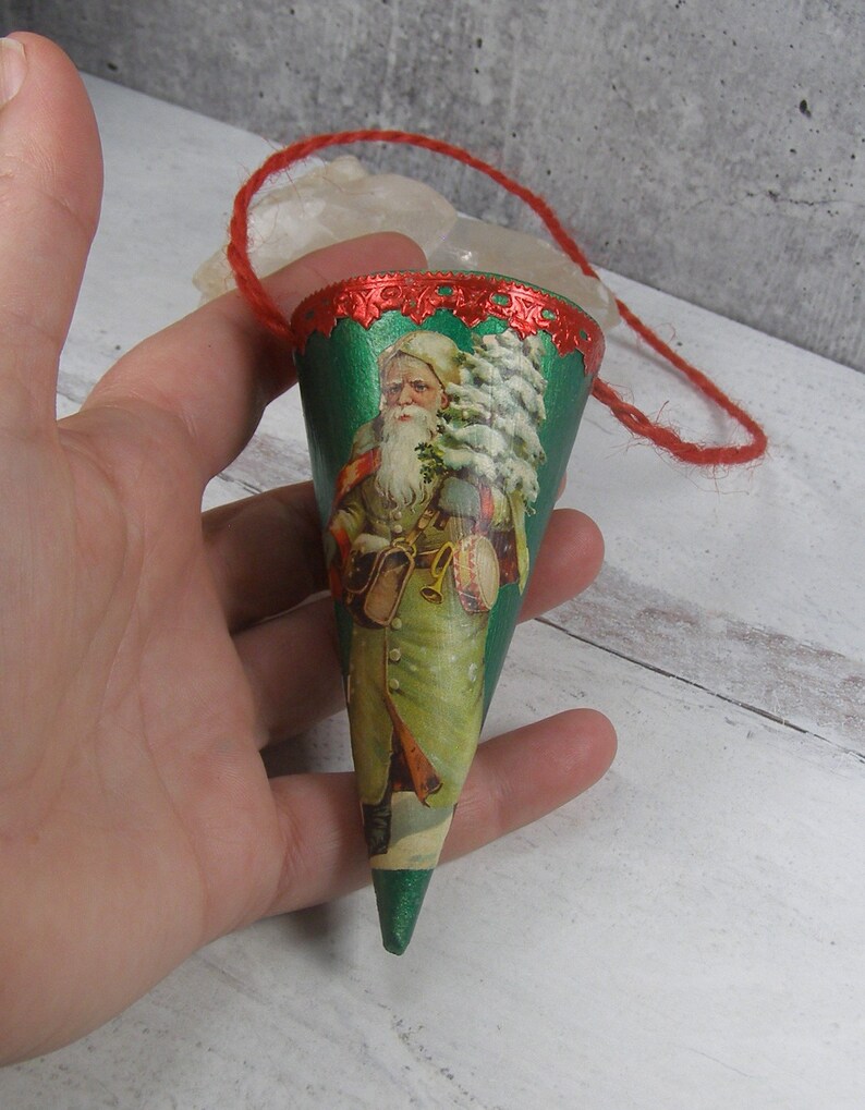 Victorian Style Dresden Candy Container Ornament Vintage Inspired Handmade Christmas Ornament Old World Santa Cone image 3