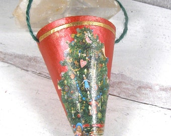 Victorian Style Dresden Candy Container Ornament -  Vintage Inspired Handmade Christmas Ornament -  Old World Santa Cone Red Gold