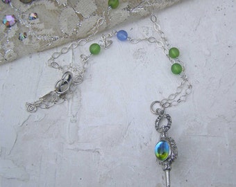 Silver Fob necklace, Blue Green Jewelry, Vintage Style Necklace, Antique Inspired Jewelry - Ariel