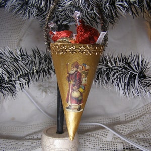 Victorian Style Dresden Candy Container Ornament Vintage Inspired Handmade Christmas Ornament Old World Santa Cone image 6