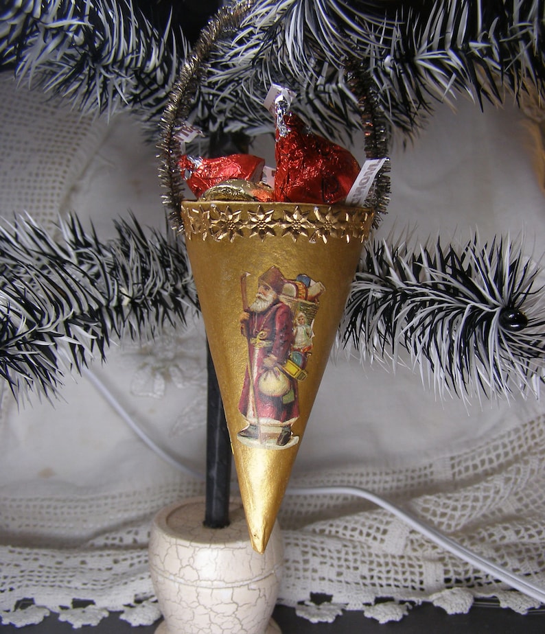 Victorian Style Dresden Candy Container Ornament Vintage Inspired Handmade Christmas Ornament Old World Santa Cone image 6