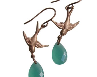 Flying Swallow Bird Dangle Earrings  Rose Gold Color with Mint Green Teardrop Drop Nature Inspired Bird Sparrow Jewelry