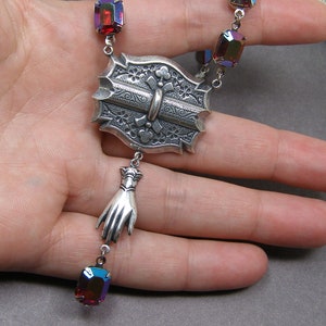 Victorian Gothic Style Necklace Silver Gloved Hand Vintage Siam Ruby Red Assemblage Statement Jewelry image 8