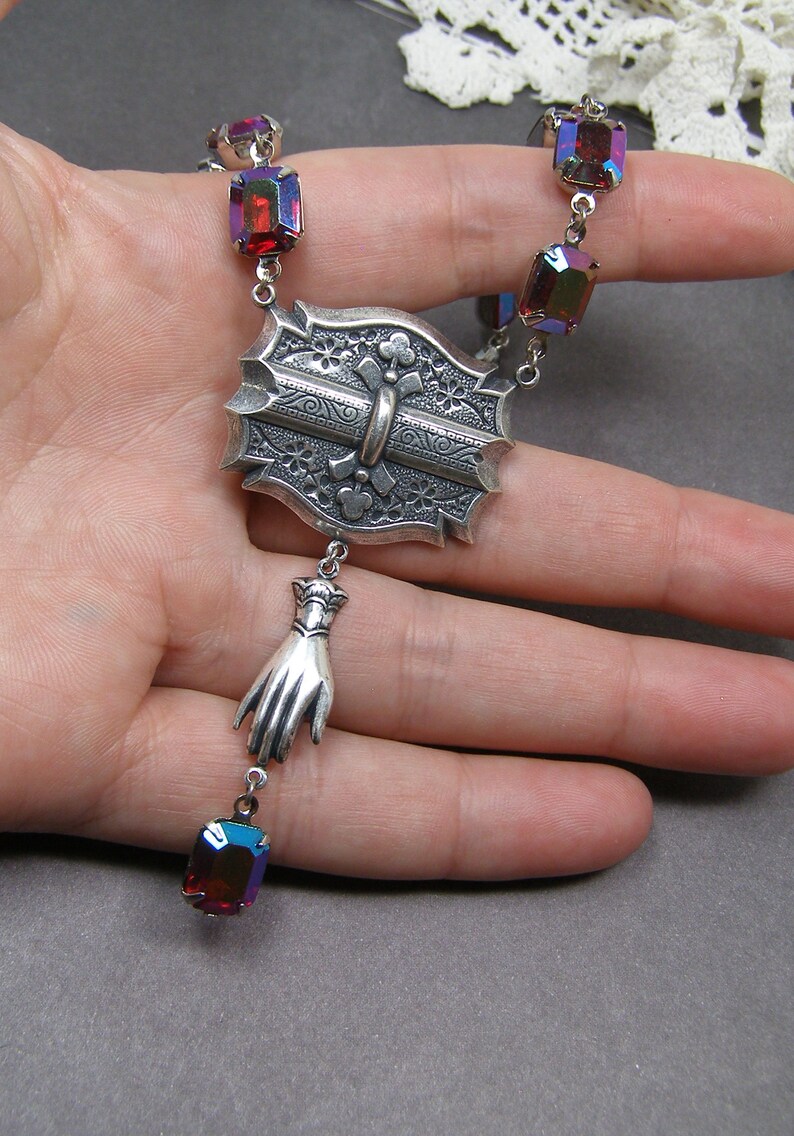 Victorian Gothic Style Necklace Silver Gloved Hand Vintage Siam Ruby Red Assemblage Statement Jewelry image 8