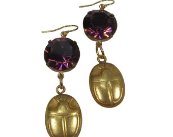 Vintage Gold Scarab Beetle Dangle Earrings Amethyst Purple Glass Rhinestone Drops