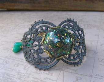 Bohemian FIligree Green Faux Opal Bracelet -  Bold Statement Jewelry - Vintage Assemblage Bracelet - Jade Green Bead Damgle