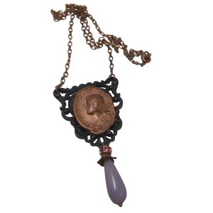 Art Nouveau Mucha Goddess Vintage Copper Pendant Necklace Black Filigree with Pink Glass Teardrop Unique Handmade Jewelry image 1