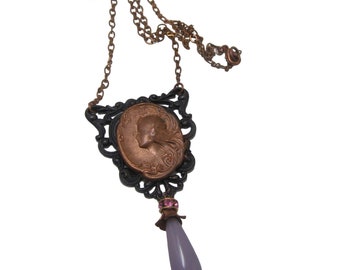 Art Nouveau Mucha Goddess Vintage Copper Pendant Necklace Black Filigree with Pink Glass Teardrop Unique Handmade Jewelry
