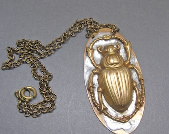 Rustic Scarab Beetle Necklace - Handmade Insect Jewelry Stag Beetle - Mixed Metal Relic Necklace