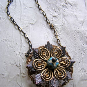 Rustic Layered Flower Necklace, Brass Flower Petals, Artisan Lampwork Glass Peacock Feather Bead, Unique Jewelry image 4