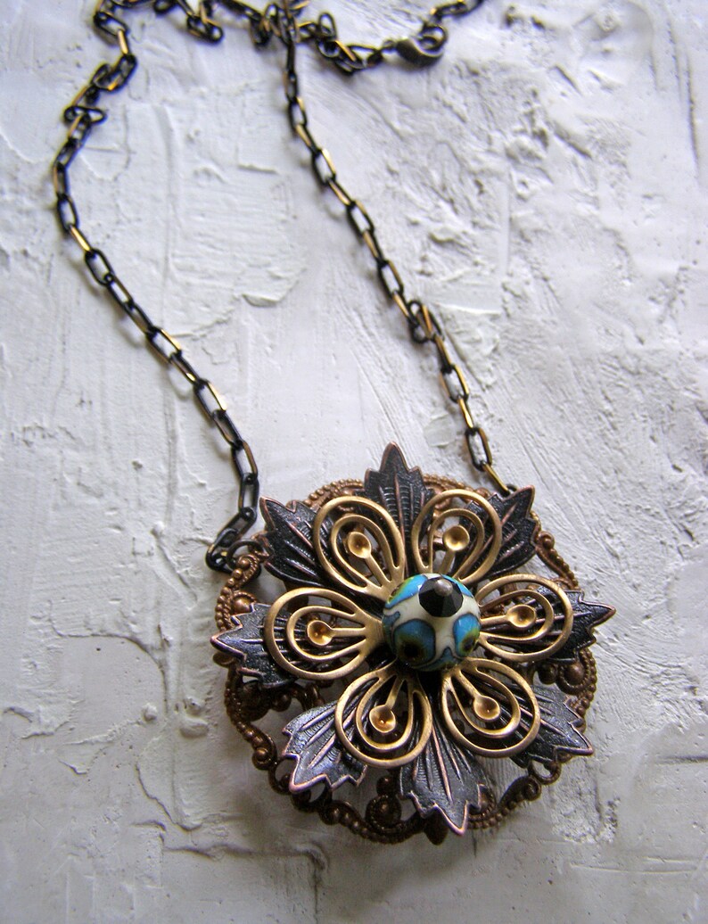 Rustic Layered Flower Necklace, Brass Flower Petals, Artisan Lampwork Glass Peacock Feather Bead, Unique Jewelry image 4
