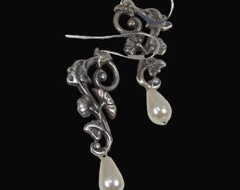 Silver Regency Style Flower Pearl Teardrop Dangle Earrings Ornate Elegant Floral and Vine Handmade Art Nouveau Jewelry