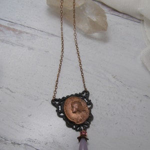 Art Nouveau Mucha Goddess Vintage Copper Pendant Necklace Black Filigree with Pink Glass Teardrop Unique Handmade Jewelry image 2