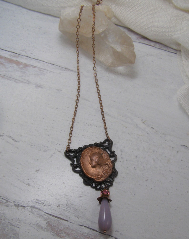 Art Nouveau Mucha Goddess Vintage Copper Pendant Necklace Black Filigree with Pink Glass Teardrop Unique Handmade Jewelry image 2
