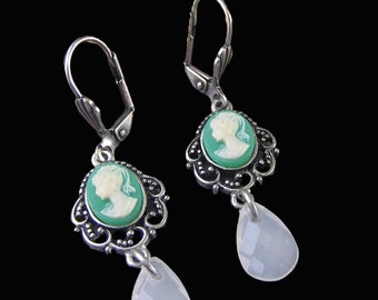 Victorian Style Greem Cameo Earrings With Teardrop Dangles Vintage Style Silver Edwardian Jewelry