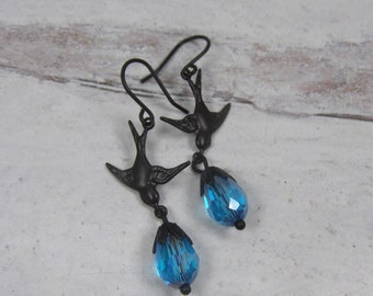 Flying Swallow Sparrow Teal Blue Glass Teardrop Dangle Earrings Black Bird Jewelry