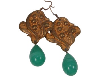 Art Nouveau Lily of The Valley Large Dangle Earrings with Jade Green Glass Teardrops