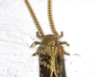 Handmade Botanical Cicada Pendant Necklace Floral Cottagecore Brass Insect Lovers Necklace Eclectic Jewelry