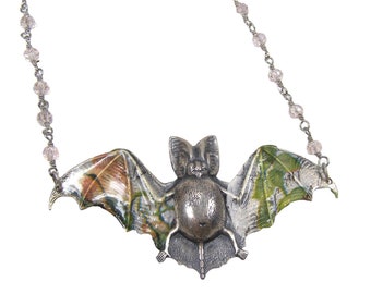 Silver Bat Pendant Necklace Pink Flower Green Leaf Unique Handmade Jewelry Faceted Crystal Beaded Chain