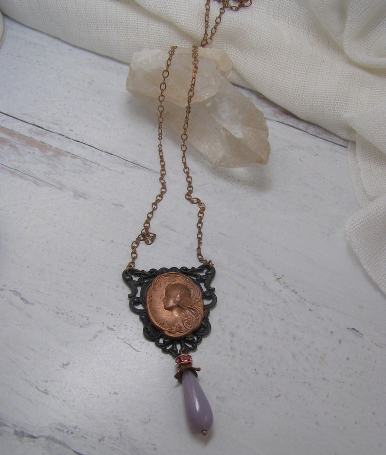 Art Nouveau Mucha Goddess Vintage Copper Pendant Necklace Black Filigree with Pink Glass Teardrop Unique Handmade Jewelry image 3