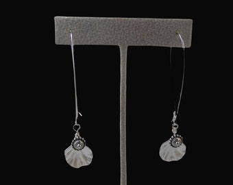 Long Silver Dangle White Curved Faux Pearl Scallop Shell Bead Dangle Earrings Unique Summer Jewelry