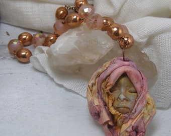 African Sunset Goddess Queen Necklace Vintage Pink Glass Copper Beads Polymer Clay Pendant