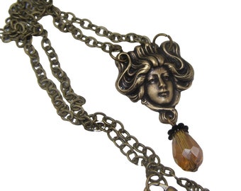 Art Nouveau Style Goddess Teardrop Necklace Pendant, Vintage Topaz Dangle Brass Ox Gibson Girl