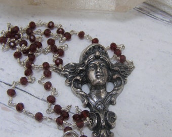 Vintage Style Art Nouveau Inspired Silver Goddess Necklace Garnet Red Rosary Bead Jewelry Gift for Her