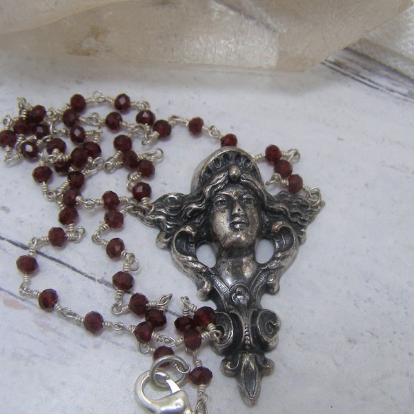 Vintage Style Art Nouveau Inspired Silver Goddess Necklace Garnet Red Rosary Bead Jewelry Gift for Her