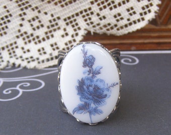 Blue Flower Cameo Ring, Vintage Style Adjustable Ring, Cigar Band Silver Rose Ring