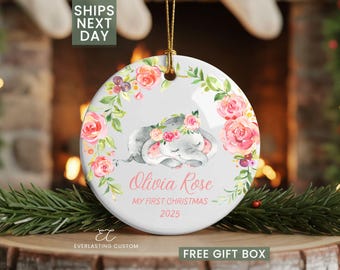 Adorno navideño personalizado para bebé, adorno de elefante para bebé, adorno navideño para niña, adorno personalizado con nombre para bebé, regalo