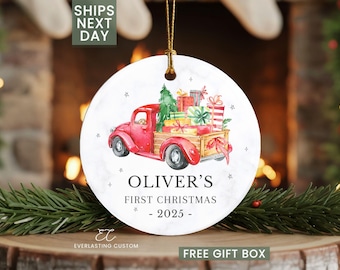 Adorno navideño personalizado para bebé: Recuerdo de camión rojo