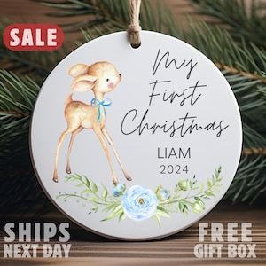 Baby&#39;s First Christmas Ornament, Custom First Christmas Ornament, Baby Deer Christmas Ornament, Woodland Baby Ornament, Custom Name Ornament