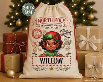 Bolsa de regalo de Papá Noel con diseño de niña elfa negra, bolsa de regalo personalizada de Papá Noel, bolsa de regalo reutilizable de Papá Noel, regalos personalizados de Papá Noel