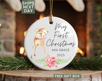 Adorno navideño personalizado de ciervo bebé para niña, regalo de acuarela para la primera Navidad de bebé niña recién nacida, adorno de bosque
