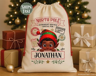 Bolsa de regalo de Papá Noel con diseño de niño elfo negro, bolsa de regalo personalizada de Papá Noel, bolsa de regalo reutilizable de Papá Noel, regalos personalizados de Papá Noel