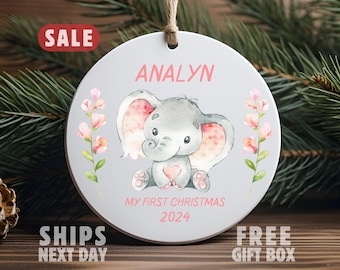 Adorno navideño personalizado para el primer bebé, adorno navideño para el primer bebé niña, adorno personalizado con el nombre del bebé, adorno de elefante para bebé